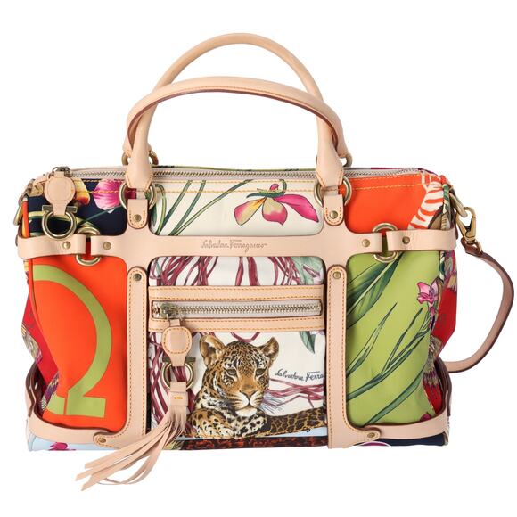 Salvatore Ferragamo Gancini Handbag Cream Beige Multi Nylon Leather - Picture 1 of 7